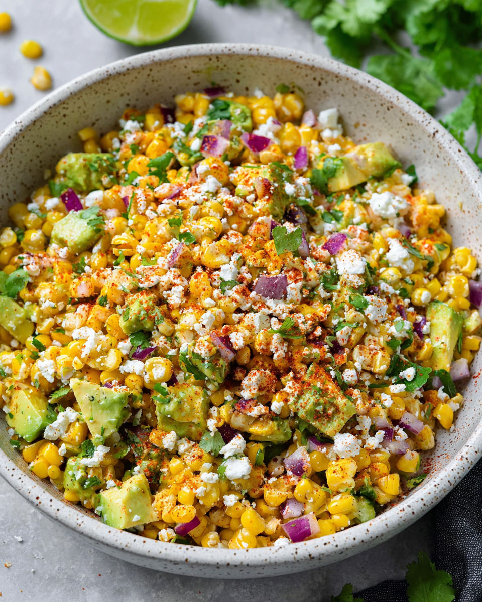 A bowl of Mexican street corn with avocado.