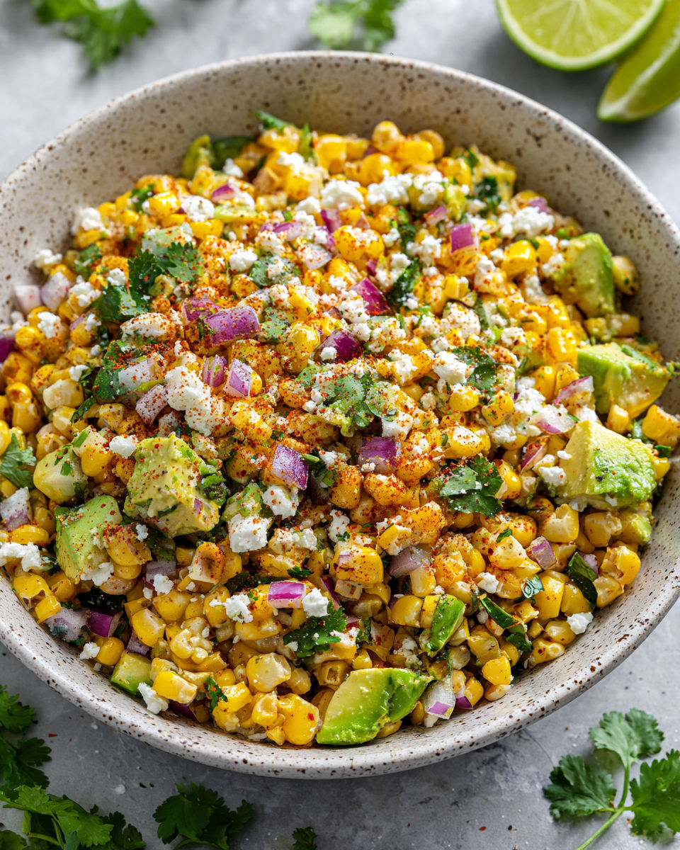 A bowl of Mexican street corn with avocado.
