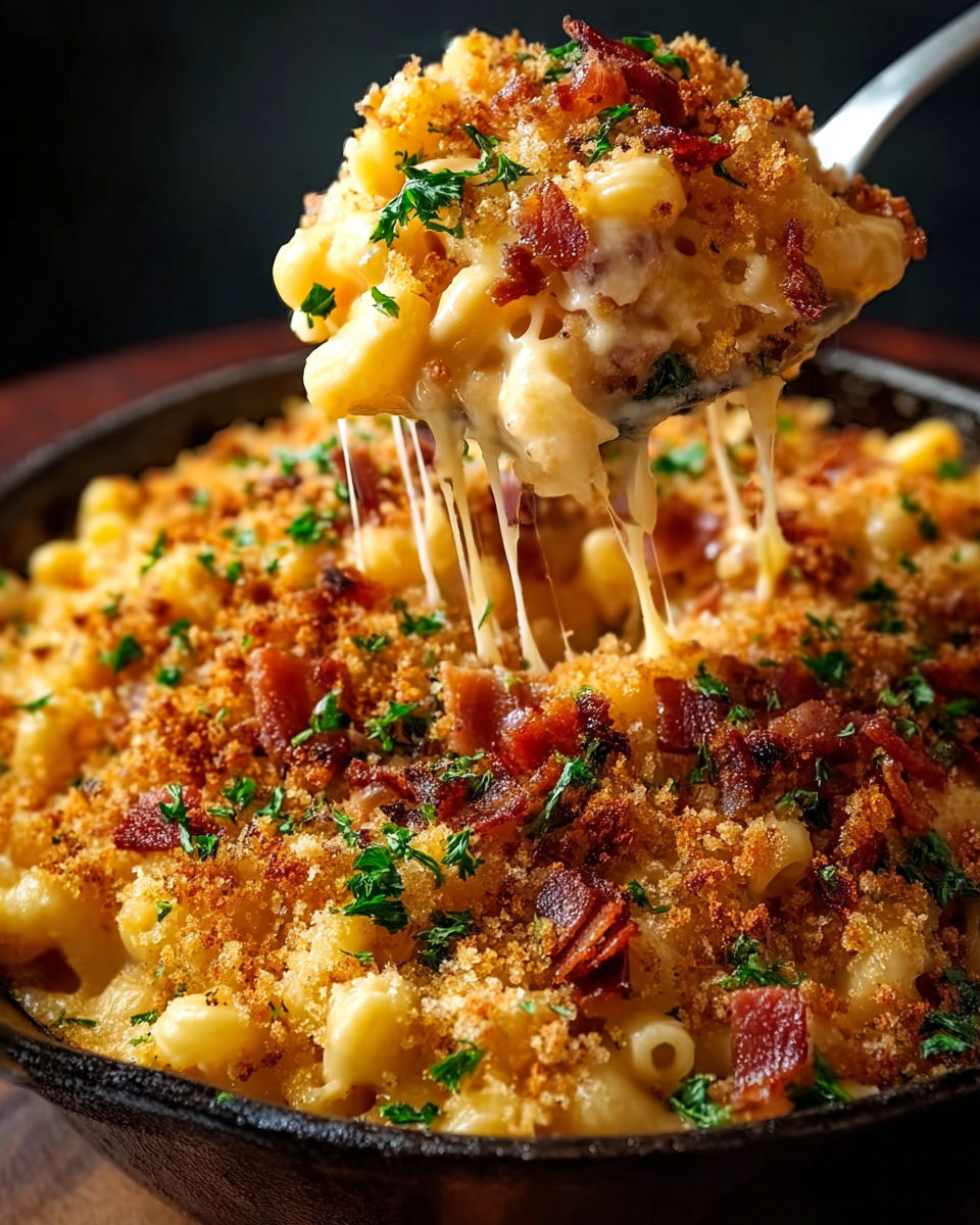 A close up of a dish of macaroni and cheese with bacon.
