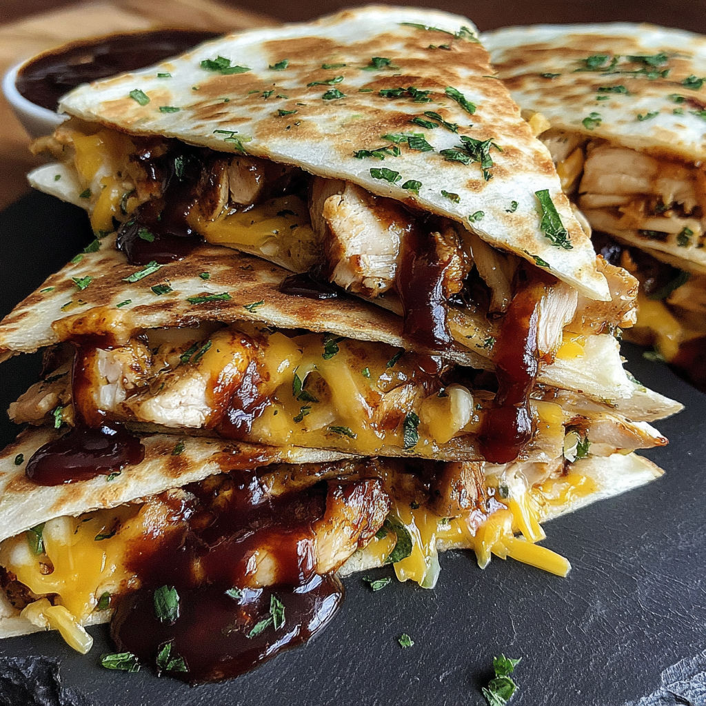 A stack of quesadillas with BBQ sauce on top.