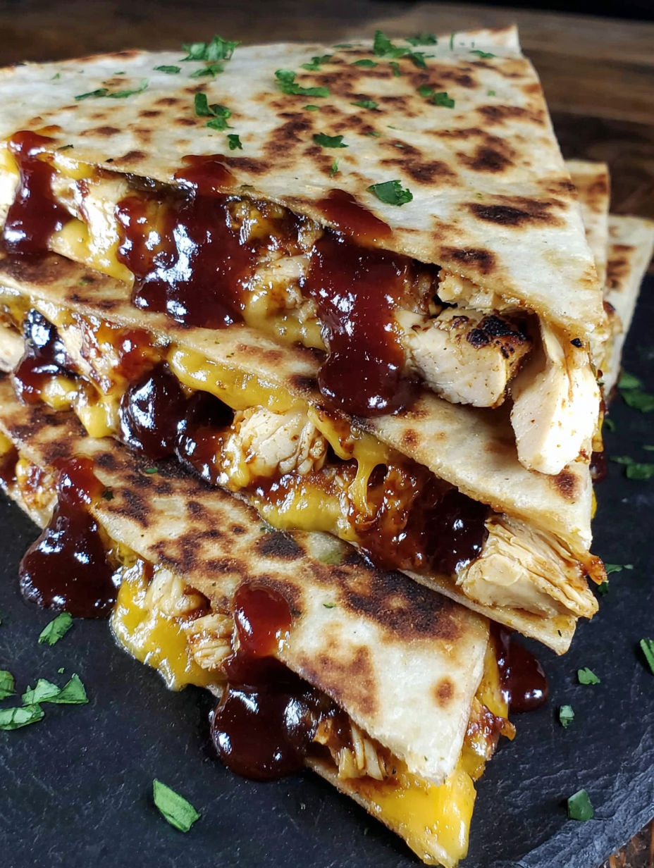 A stack of three quesadillas with BBQ sauce.