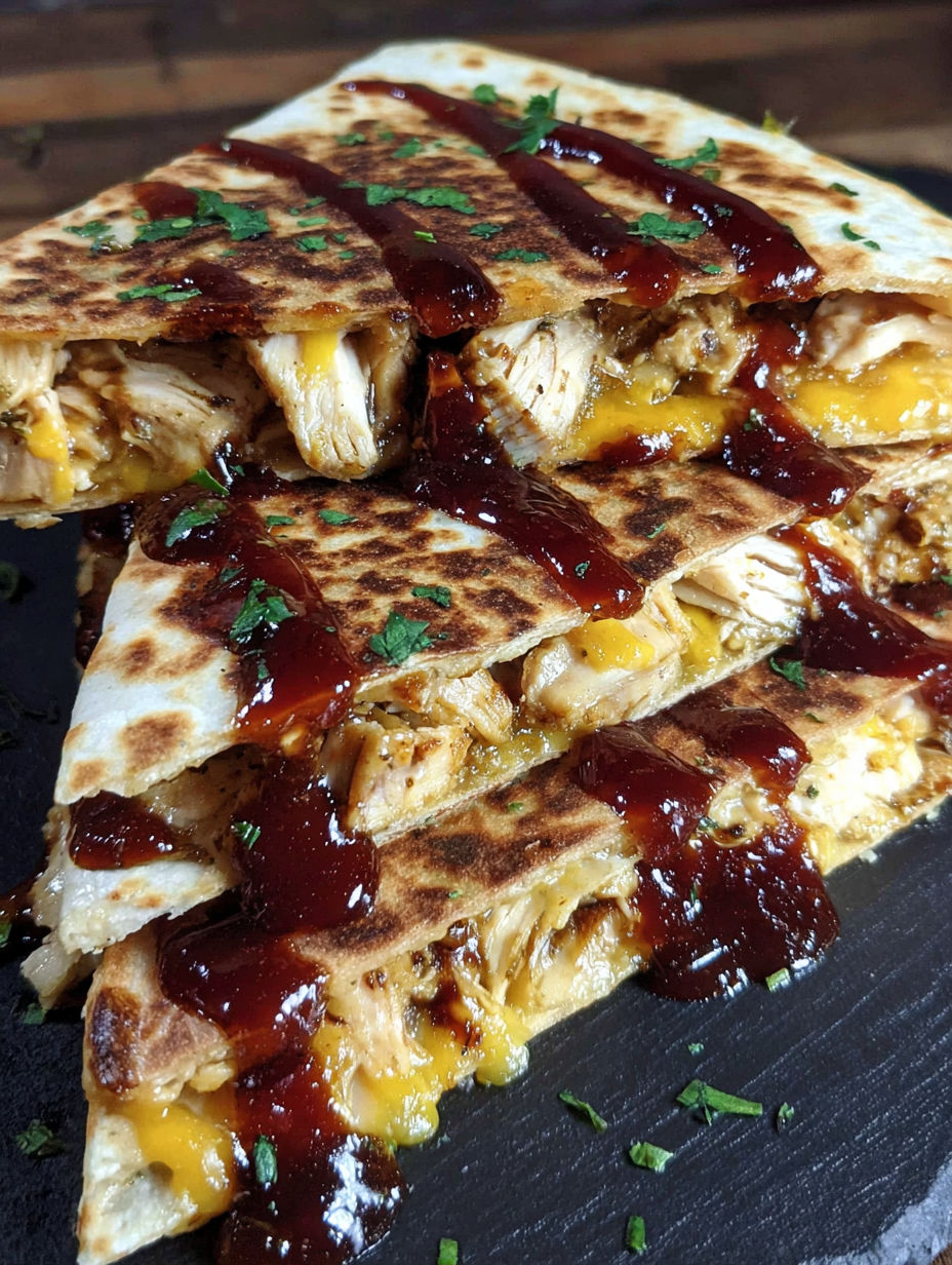 A stack of quesadillas with BBQ sauce on top.
