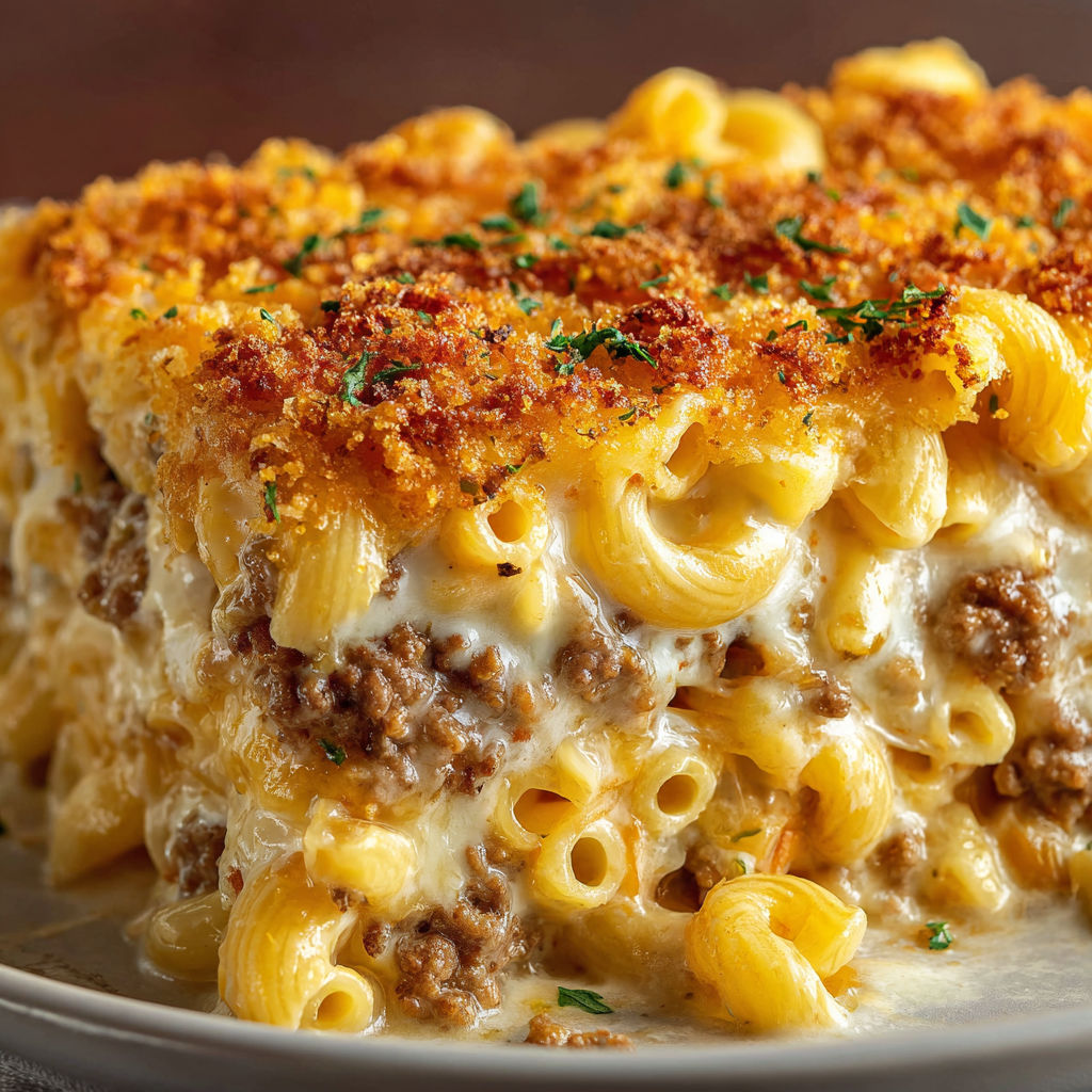 A cheesy macaroni hamburger casserole.