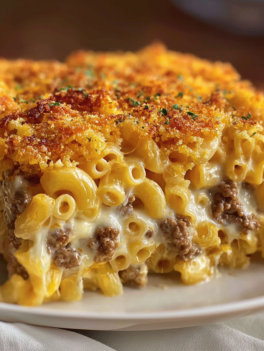 A cheesy macaroni hamburger casserole.