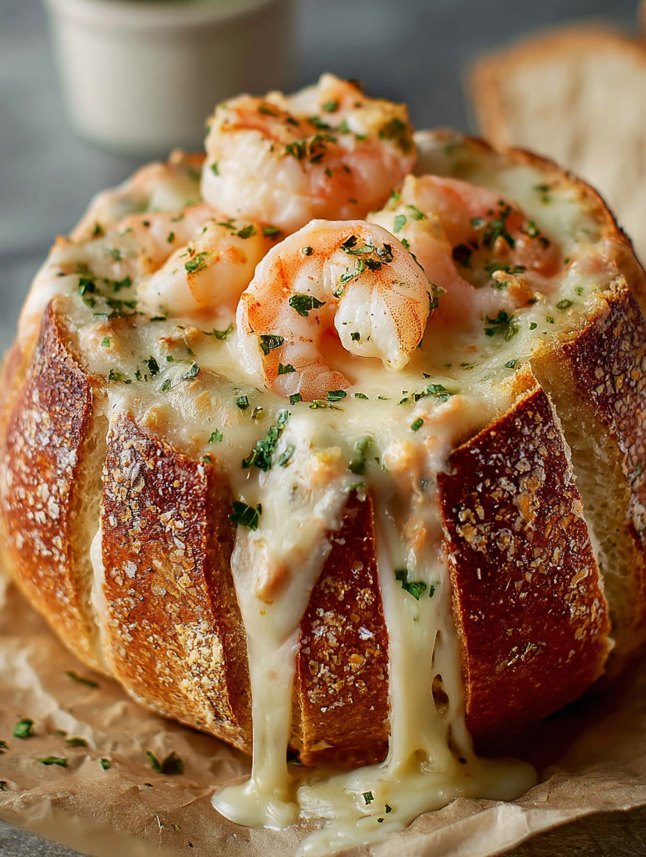A stuffed seafood bread bowl with shrimp and cheese.