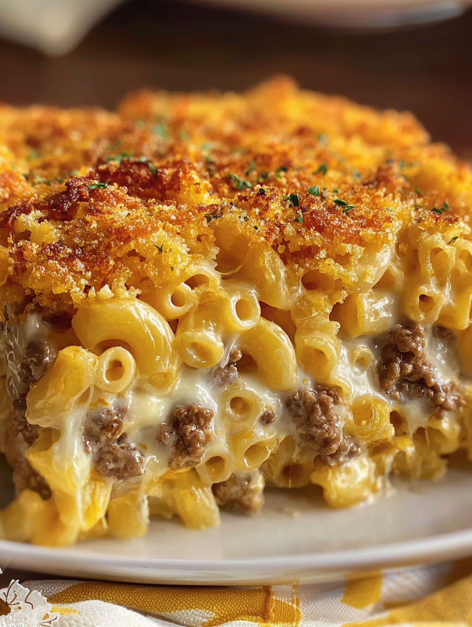 A cheesy macaroni hamburger casserole.