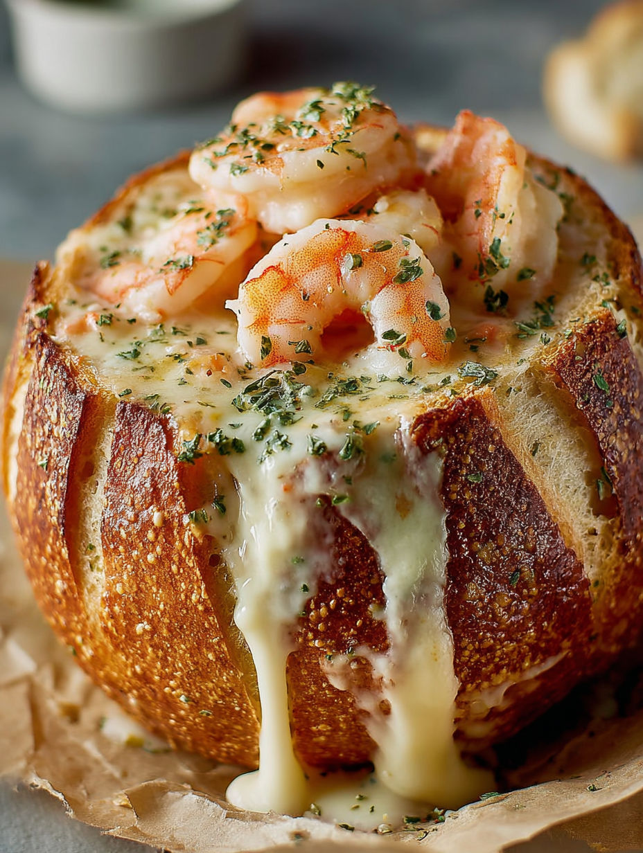 A stuffed seafood bread bowl with shrimp and cheese.