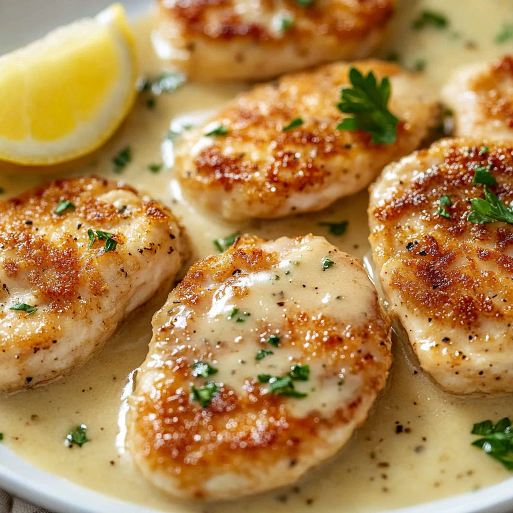 A plate of chicken scallopini with a lemon wedge on top.