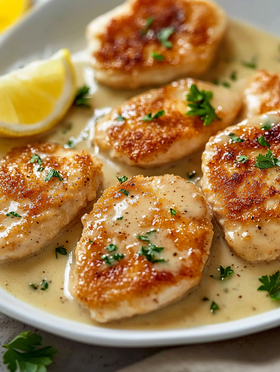 A plate of chicken scallopini with lemon wedges on top.