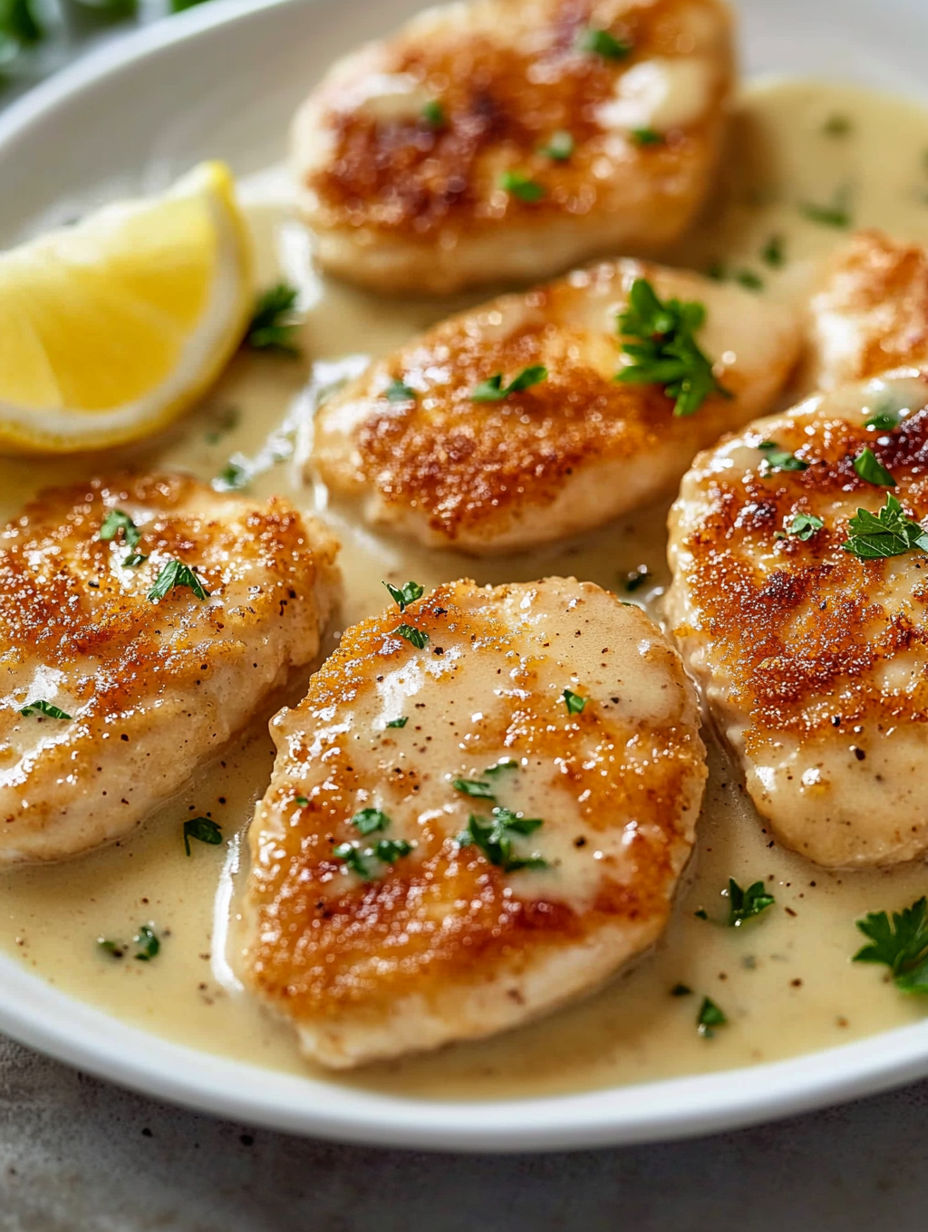 A plate of chicken scallopini with lemon wedges.