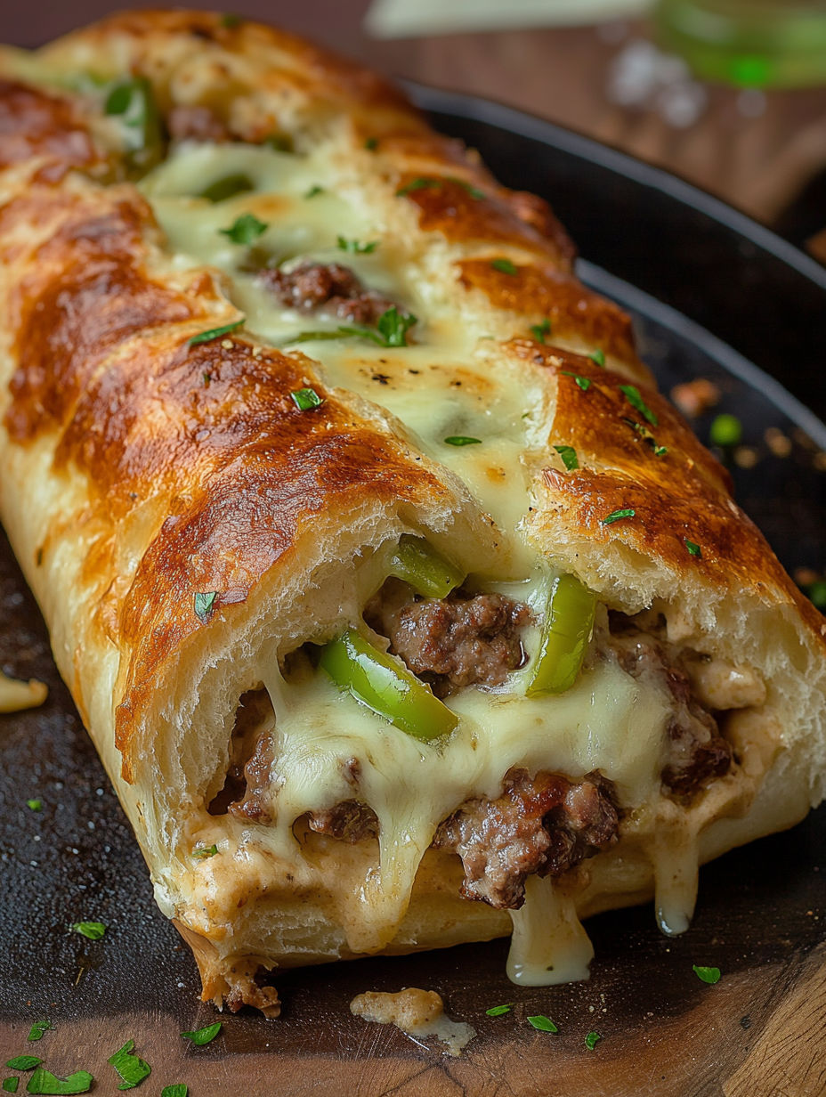 A slice of a Philly Cheesesteak Stromboli.