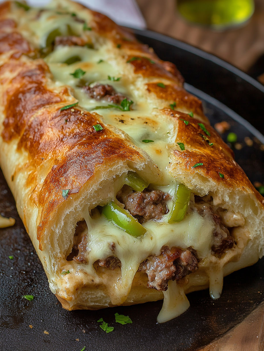A Philly Cheesesteak Stromboli on a black plate.
