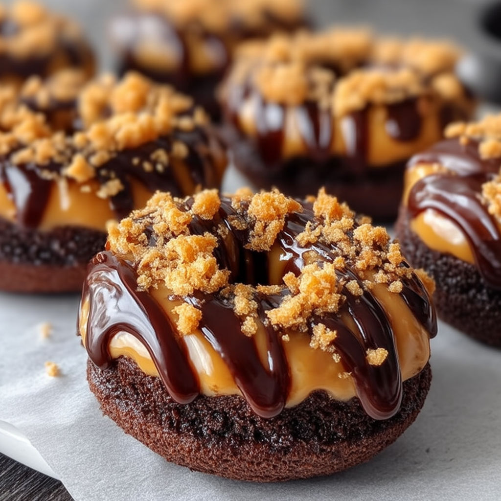 A chocolate caramel donut with a crunchy topping.