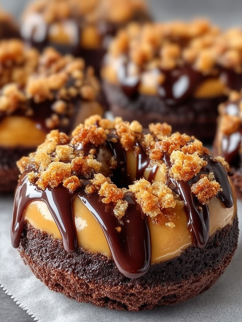 A chocolate caramel donut with toasted nuts.