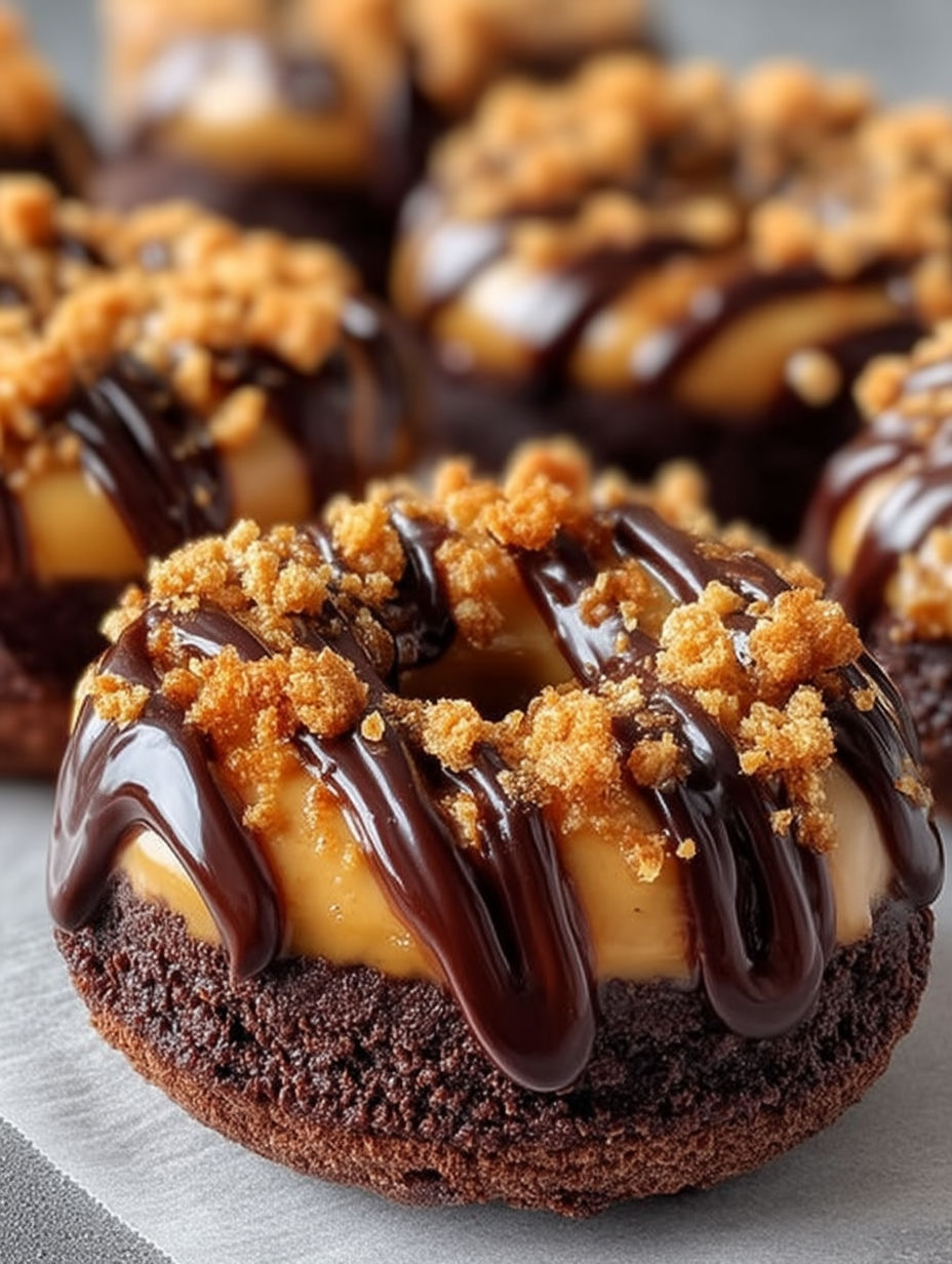 A chocolate caramel donut with a strip of caramel on top.