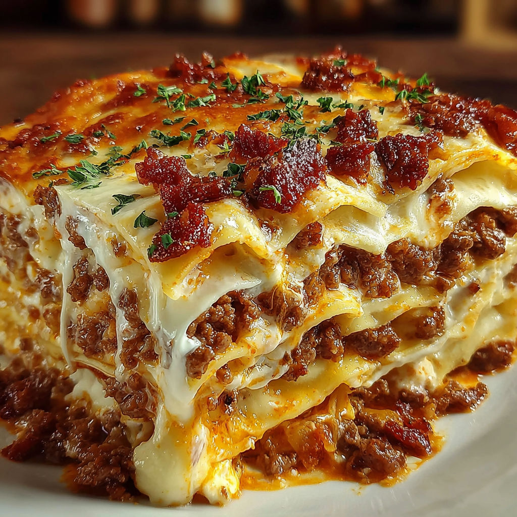 A close up of a Parmesan Garlic Bacon Lasagna.