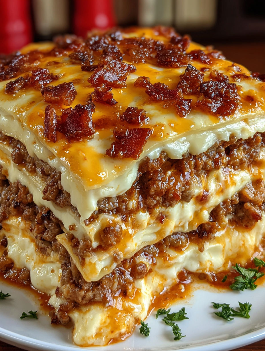A close up of a Parmesan Garlic Bacon Lasagna.