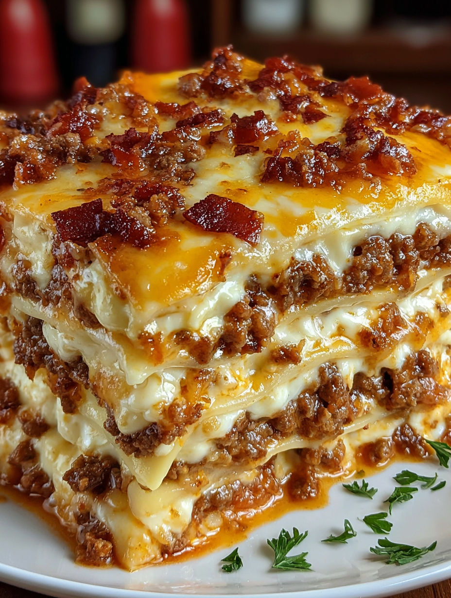 A stack of Parmesan Garlic Bacon Lasagna.