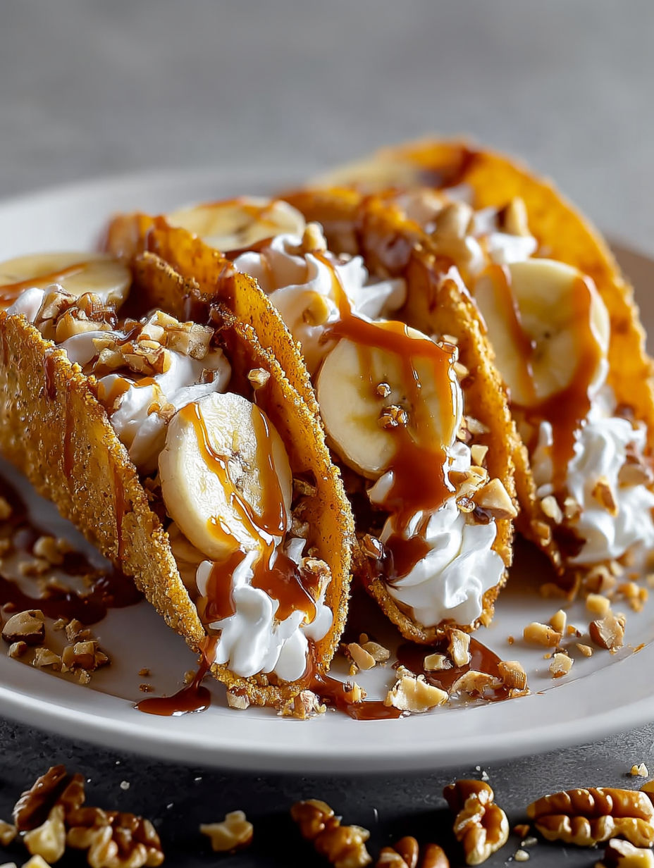 A plate of banana and caramel tacos.