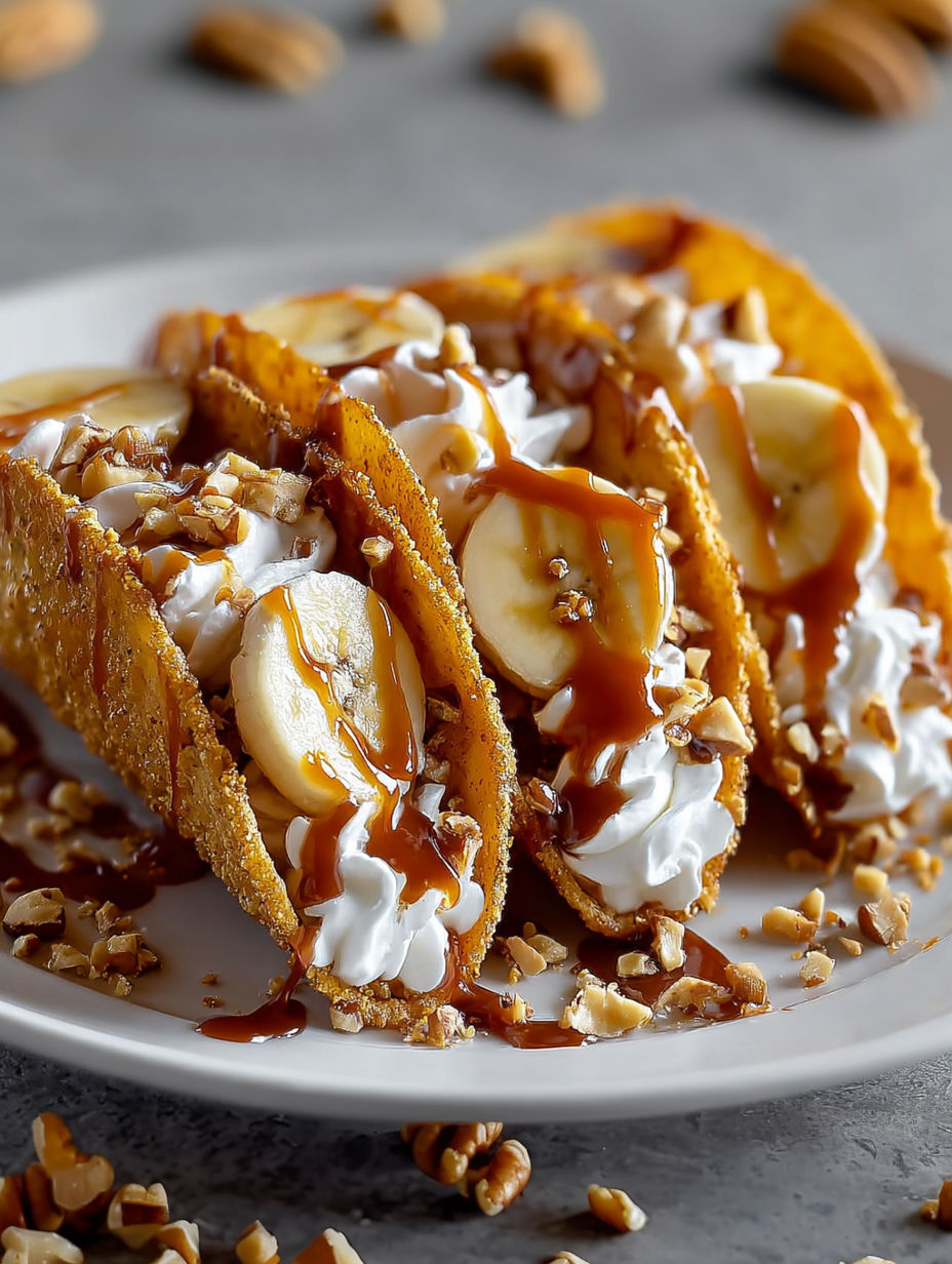 A plate of banana nut tacos with caramel drizzle.