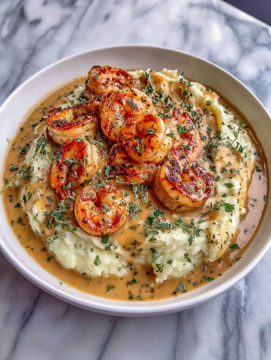 A bowl of food with shrimp, potatoes, and herbs.