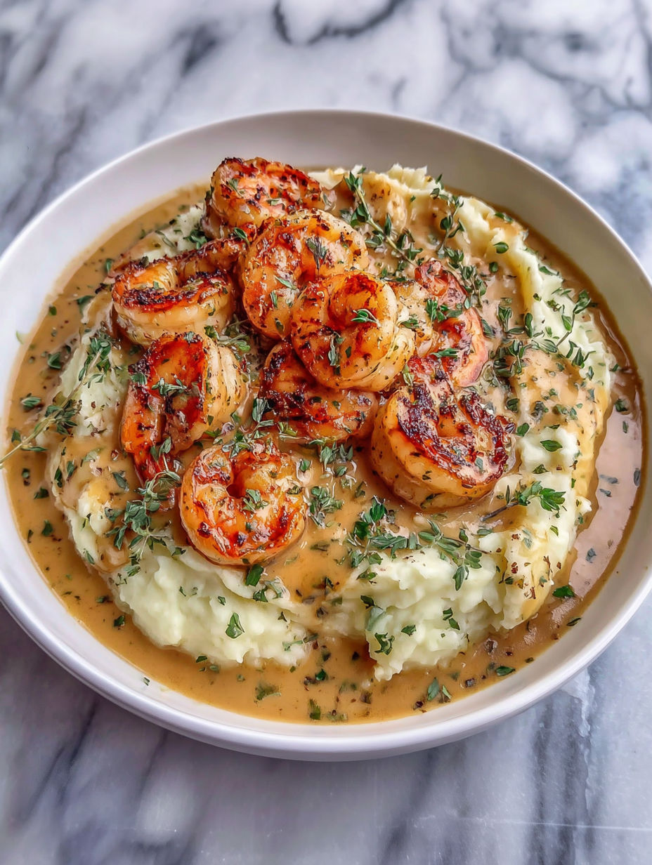 A bowl of shrimp and potatoes with a sauce.