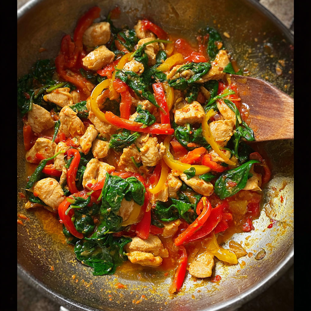A pan of chicken and spinach.