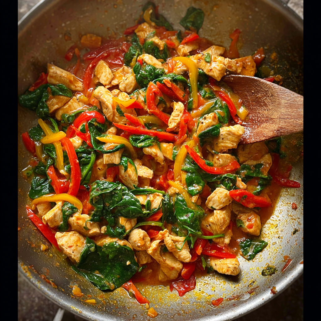 A pan of chicken and spinach.