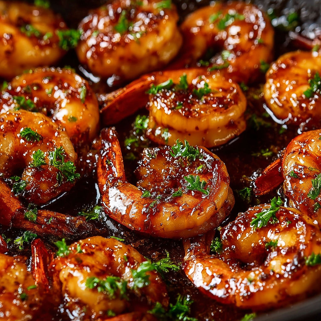 Shrimp in a pan with butter and honey.