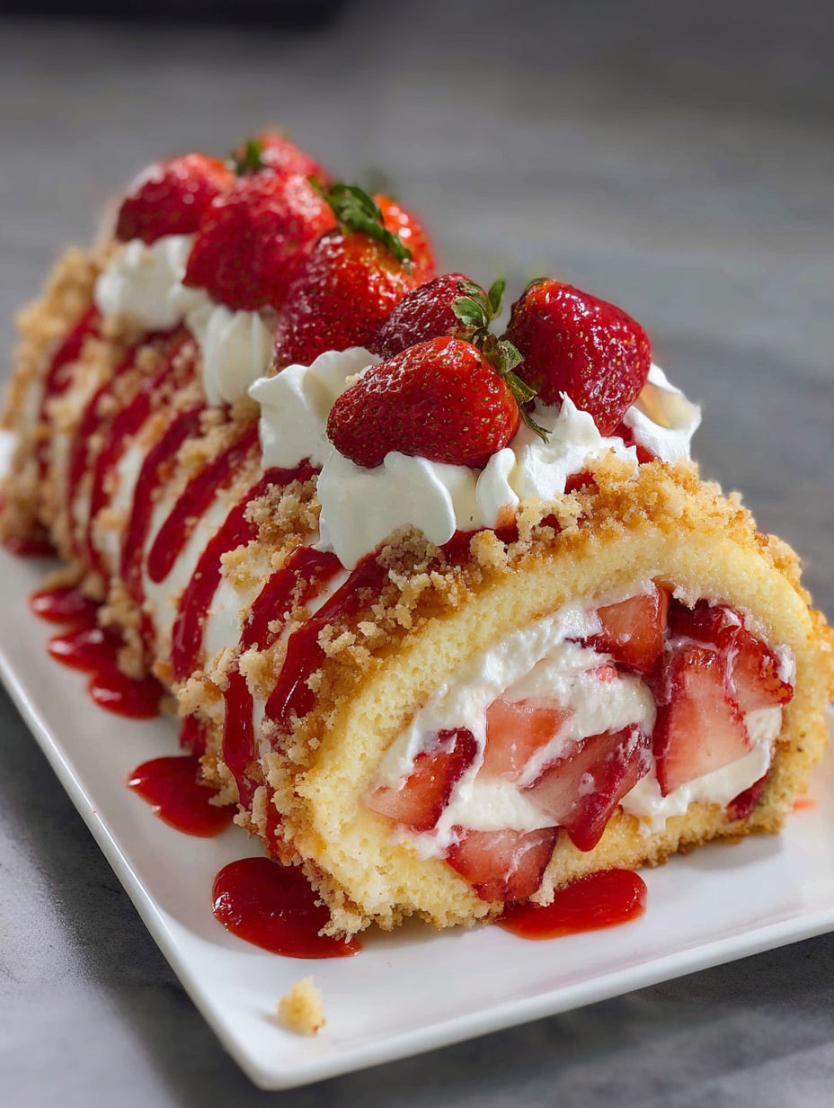 A delicious dessert roll with strawberries and whipped cream.