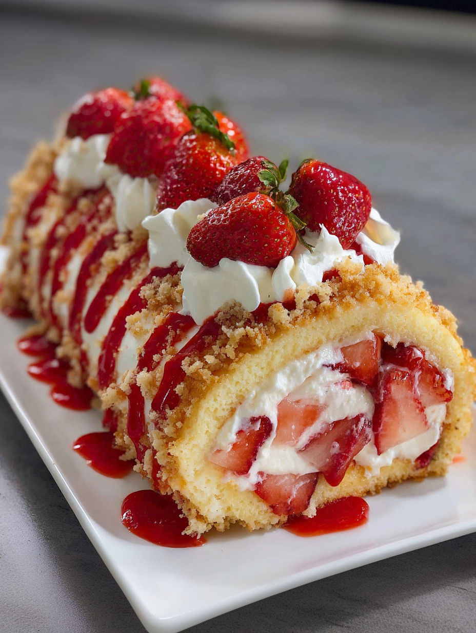 A cheesecake roll with strawberries on top.