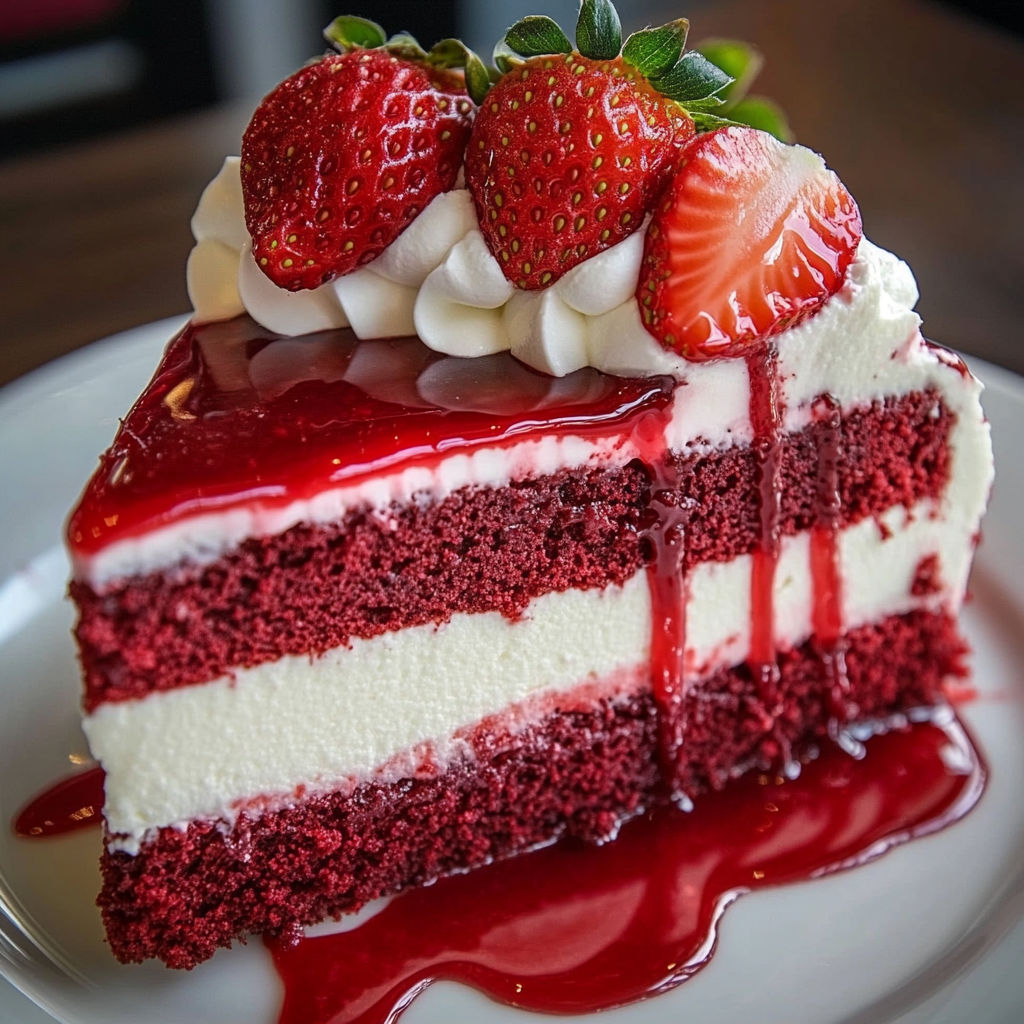 A slice of red velvet strawberry cheesecake.