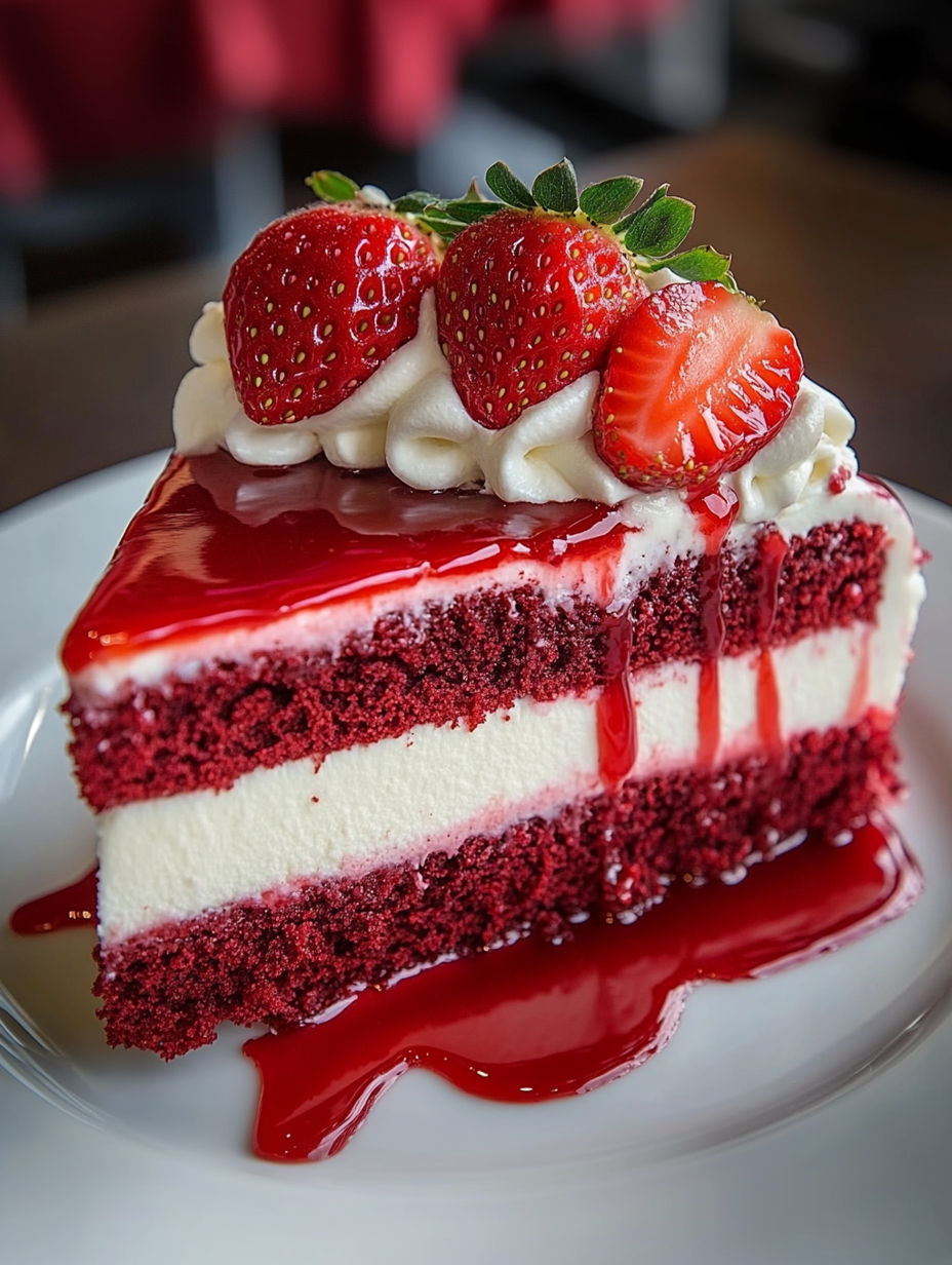 A slice of red velvet strawberry cheesecake.