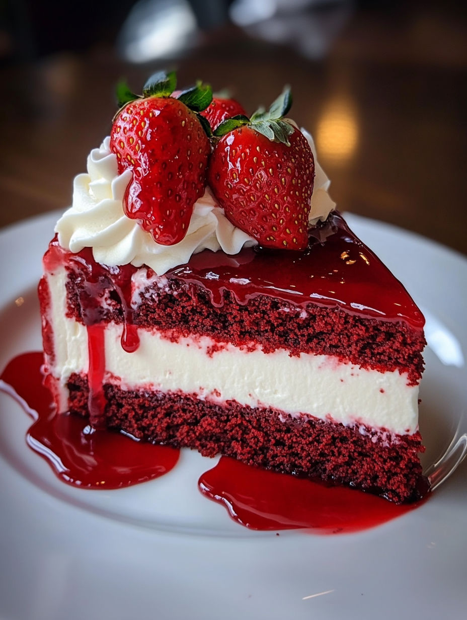 A slice of red velvet strawberry cheesecake.