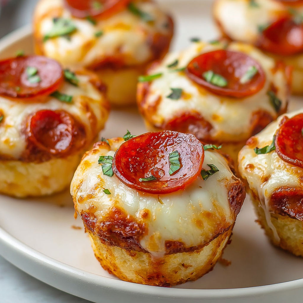 A plate of muffin cupcakes with pepperoni toppings.