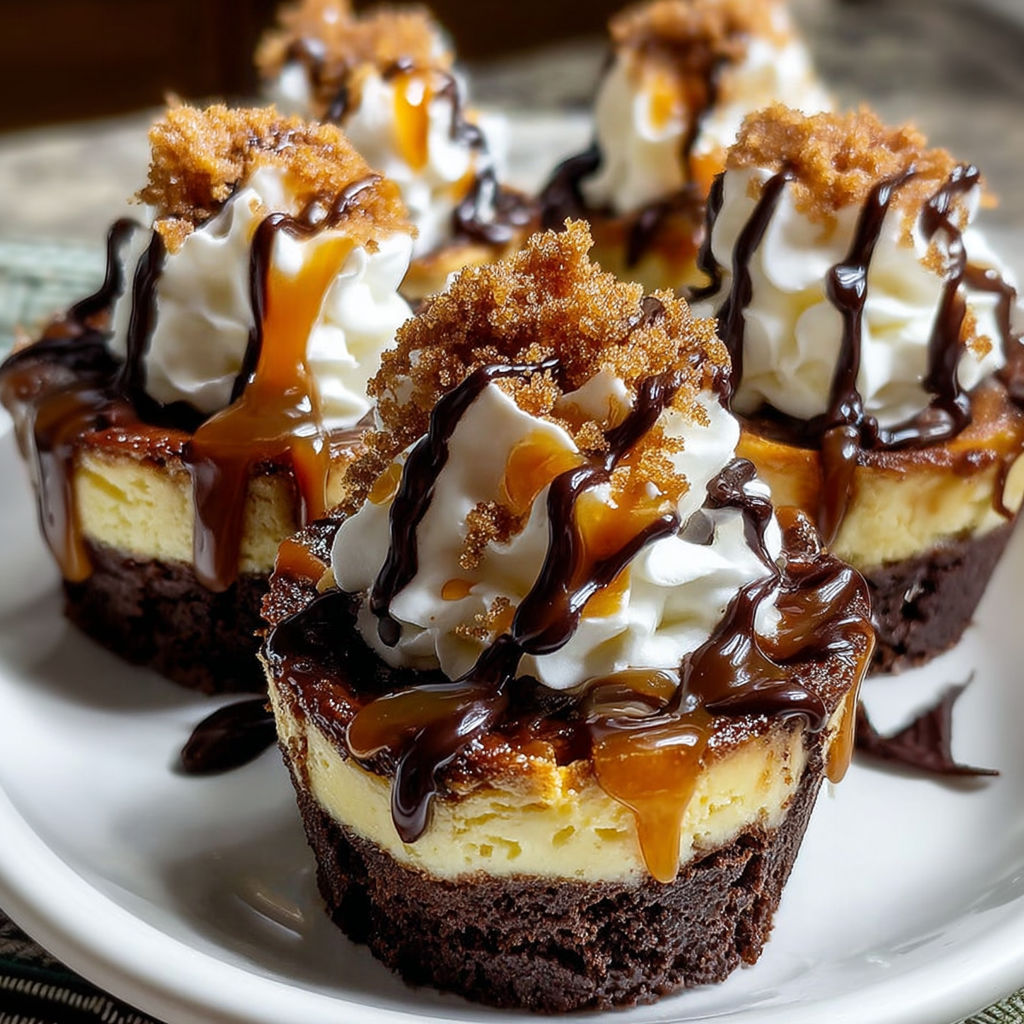 Loaded brownie cheesecake cups with whipped cream and caramel drizzle.
