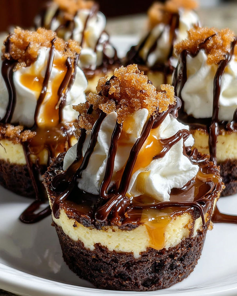 Loaded brownie cheesecake cups with whipped cream.