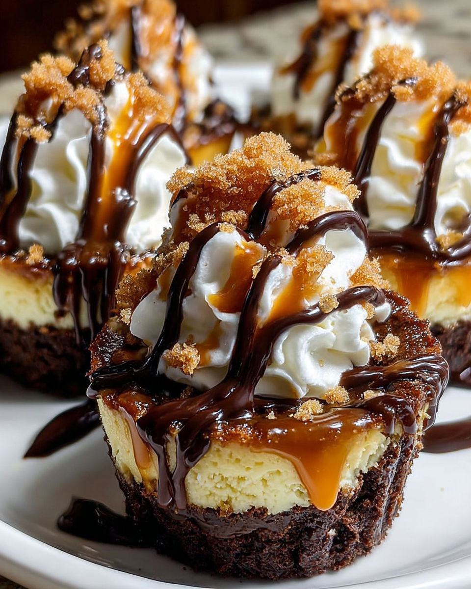 Loaded brownie cheesecake cups with chocolate and caramel drizzle.