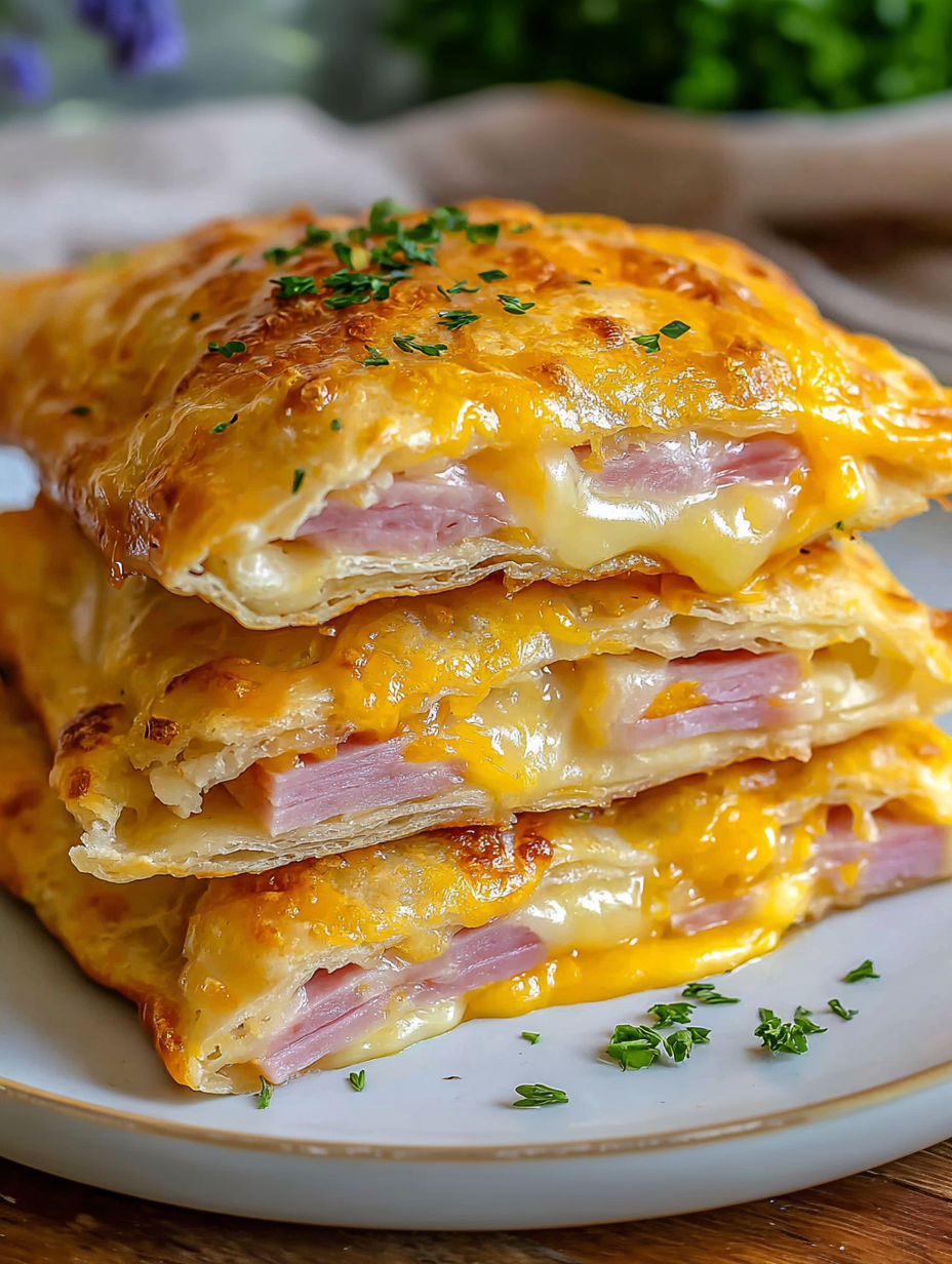 A stack of ham cheese pockets.