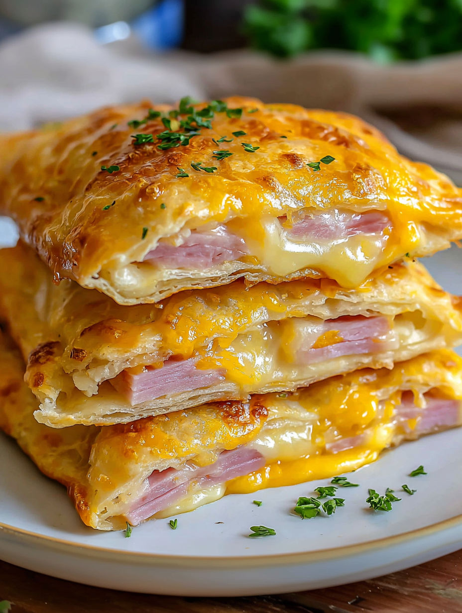 Air fryer ham cheese pockets stacked on a plate.