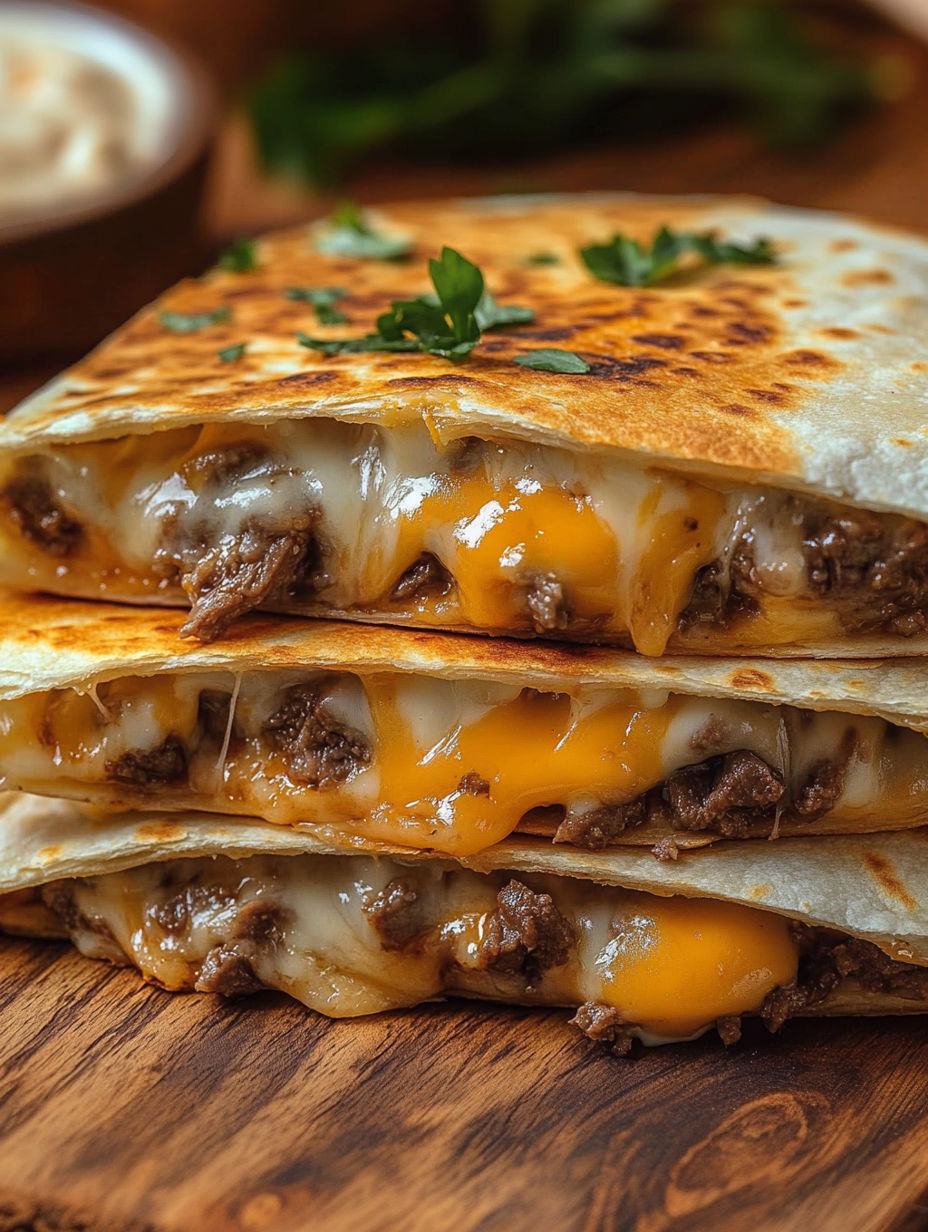 A stack of three Taco Bell steak quesadillas.