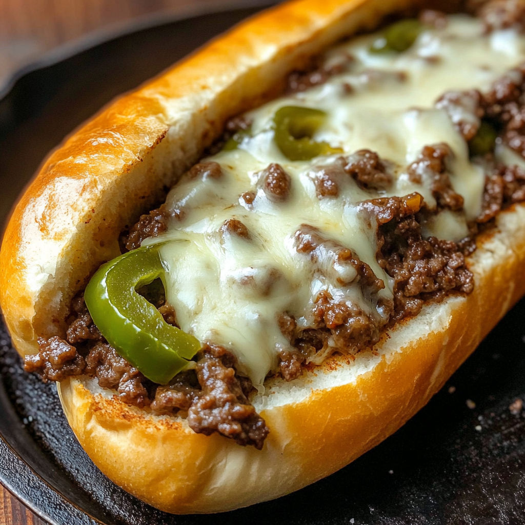 A Philly Cheese Steak Joe with peppers and onions.