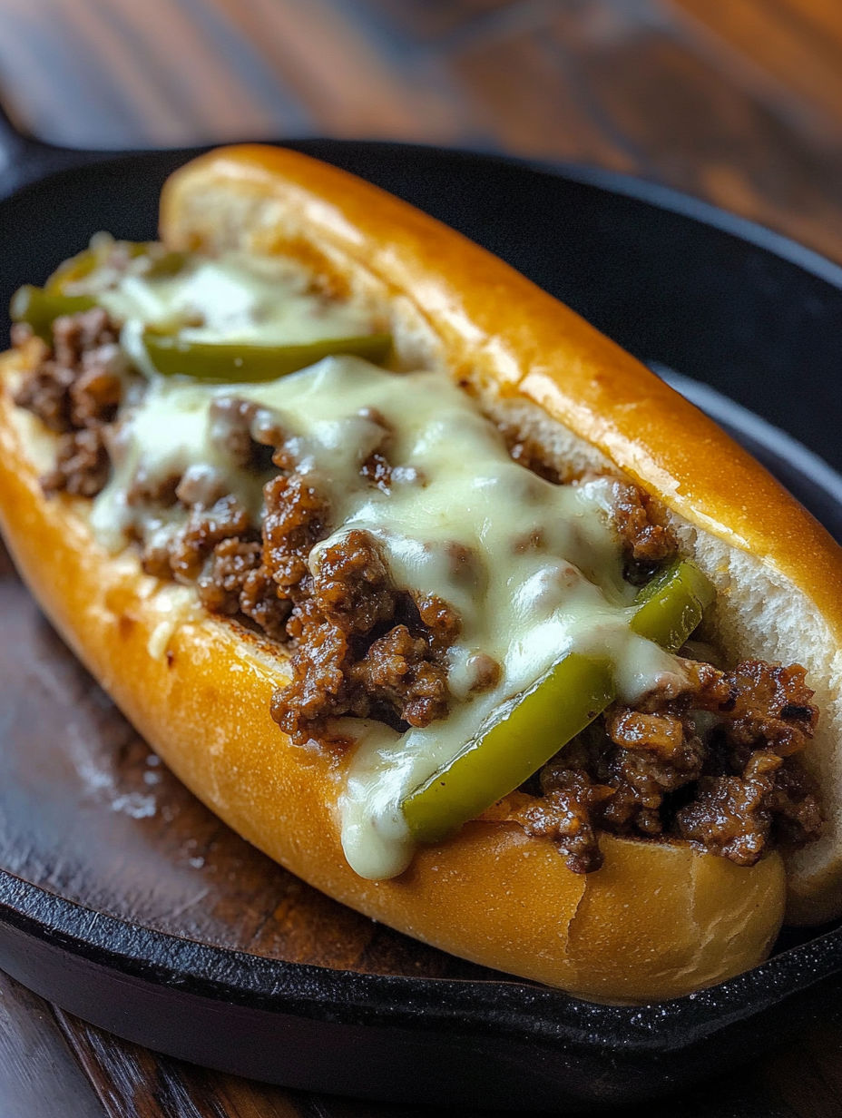A Philly Cheese Steak Joe with a pepper on top.