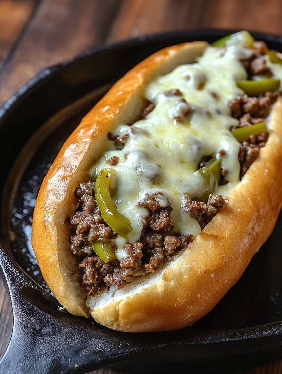 A Philly Cheese Steak Joe with cheese and peppers.