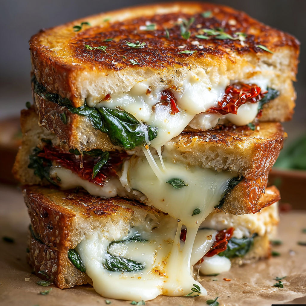 A stack of three sandwiches with spinach and cheese.