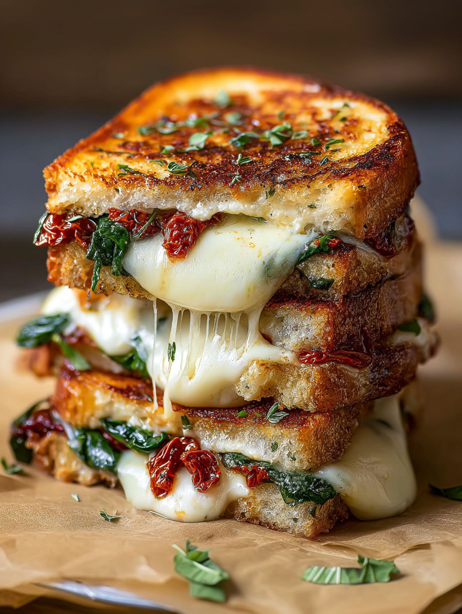 A stack of sandwiches with spinach and cheese.