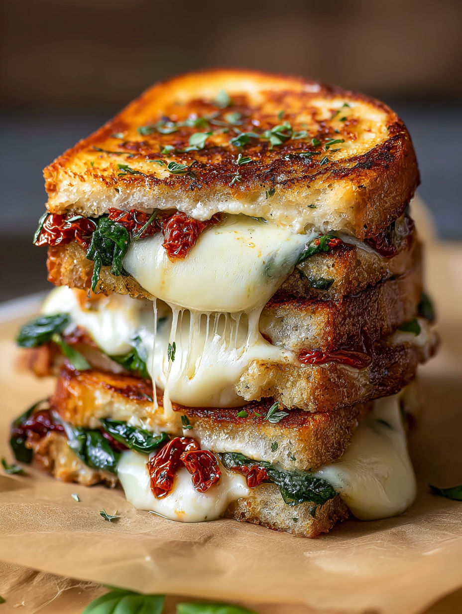 A stack of sandwiches with spinach and cheese.