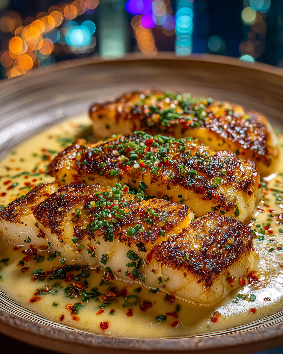 Garlic butter cod strips on a plate.