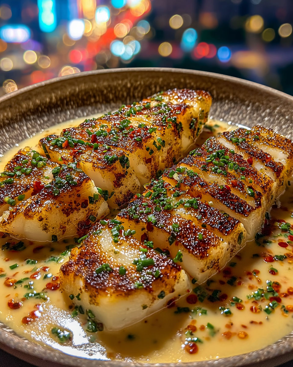 Garlic butter cod strips on a plate.