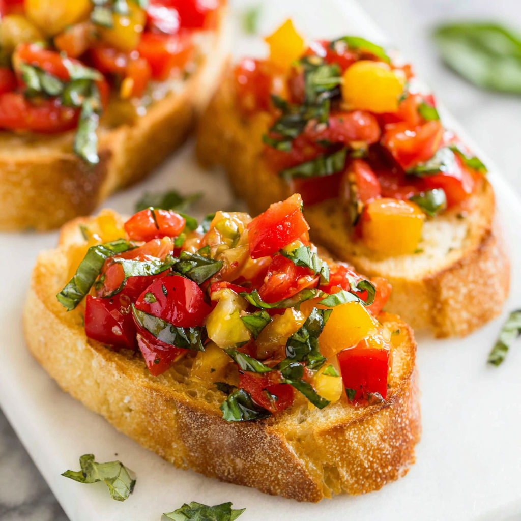 A plate of toasted bread with tomatoes and basil.